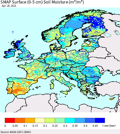 Europe SMAP Surface (0-5 cm) Soil Moisture (m³/m³) Thematic Map For 4/16/2021 - 4/20/2021