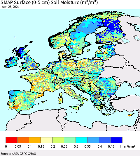 Europe SMAP Surface (0-5 cm) Soil Moisture (m³/m³) Thematic Map For 4/21/2021 - 4/25/2021