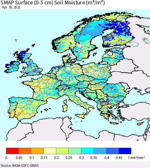 Europe SMAP Surface (0-5 cm) Soil Moisture (m³/m³) Thematic Map For 4/26/2021 - 4/30/2021