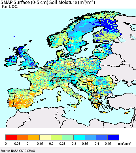 Europe SMAP Surface (0-5 cm) Soil Moisture (m³/m³) Thematic Map For 5/1/2021 - 5/5/2021