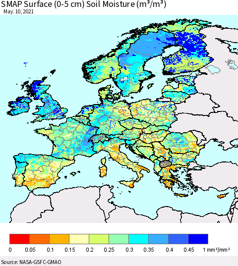 Europe SMAP Surface (0-5 cm) Soil Moisture (m³/m³) Thematic Map For 5/6/2021 - 5/10/2021