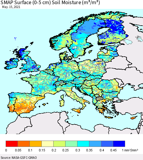Europe SMAP Surface (0-5 cm) Soil Moisture (m³/m³) Thematic Map For 5/11/2021 - 5/15/2021