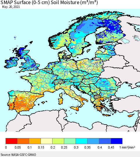 Europe SMAP Surface (0-5 cm) Soil Moisture (m³/m³) Thematic Map For 5/16/2021 - 5/20/2021