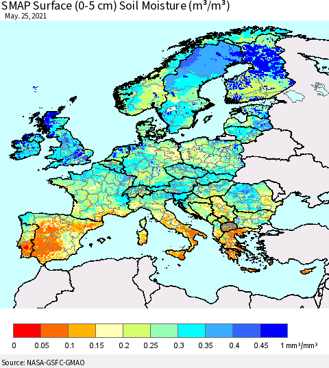 Europe SMAP Surface (0-5 cm) Soil Moisture (m³/m³) Thematic Map For 5/21/2021 - 5/25/2021