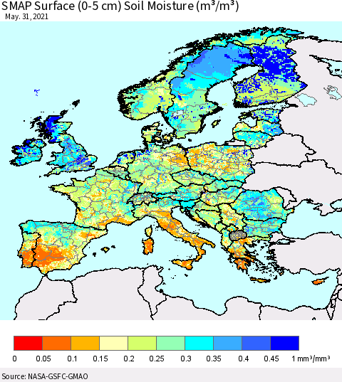Europe SMAP Surface (0-5 cm) Soil Moisture (m³/m³) Thematic Map For 5/26/2021 - 5/31/2021