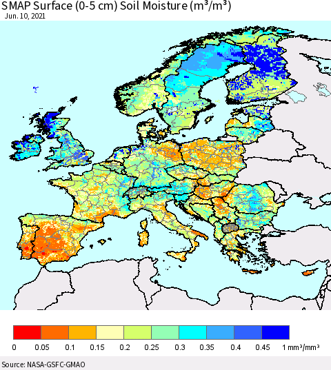 Europe SMAP Surface (0-5 cm) Soil Moisture (m³/m³) Thematic Map For 6/6/2021 - 6/10/2021