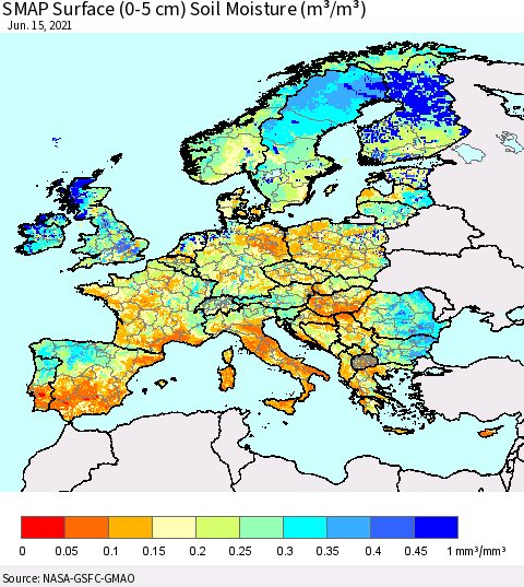 Europe SMAP Surface (0-5 cm) Soil Moisture (m³/m³) Thematic Map For 6/11/2021 - 6/15/2021