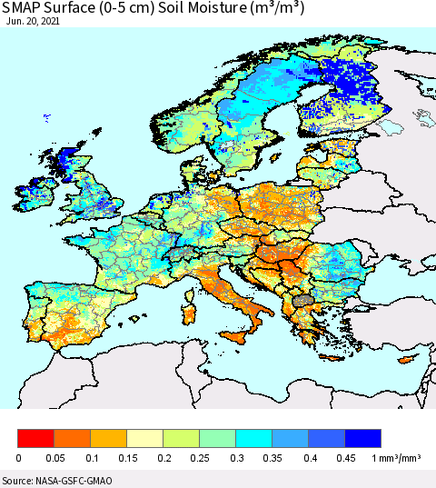 Europe SMAP Surface (0-5 cm) Soil Moisture (m³/m³) Thematic Map For 6/16/2021 - 6/20/2021