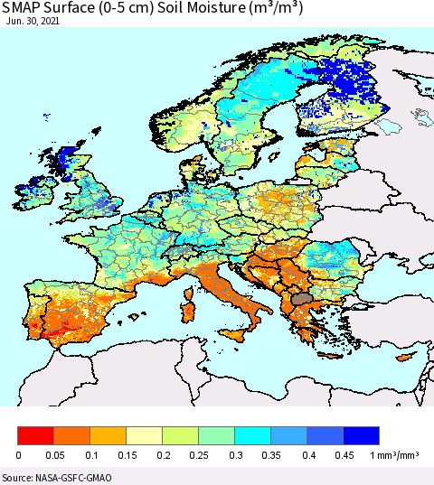 Europe SMAP Surface (0-5 cm) Soil Moisture (m³/m³) Thematic Map For 6/26/2021 - 6/30/2021