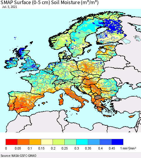 Europe SMAP Surface (0-5 cm) Soil Moisture (m³/m³) Thematic Map For 7/1/2021 - 7/5/2021