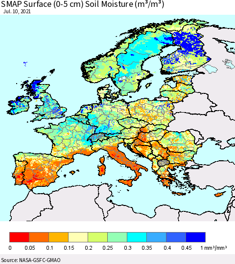 Europe SMAP Surface (0-5 cm) Soil Moisture (m³/m³) Thematic Map For 7/6/2021 - 7/10/2021