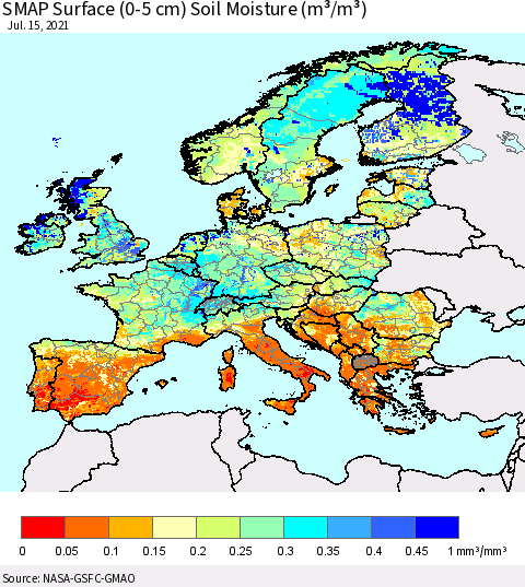 Europe SMAP Surface (0-5 cm) Soil Moisture (m³/m³) Thematic Map For 7/11/2021 - 7/15/2021