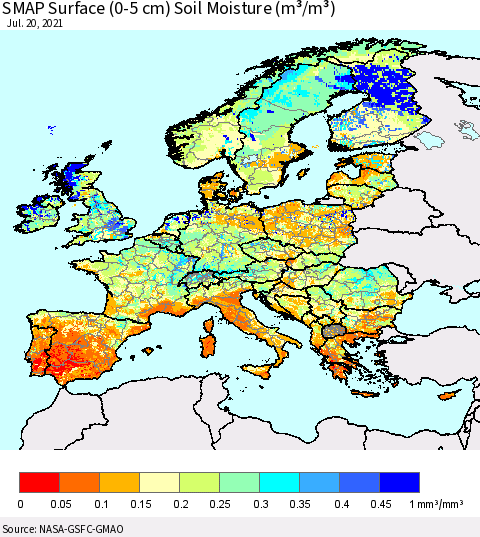 Europe SMAP Surface (0-5 cm) Soil Moisture (m³/m³) Thematic Map For 7/16/2021 - 7/20/2021