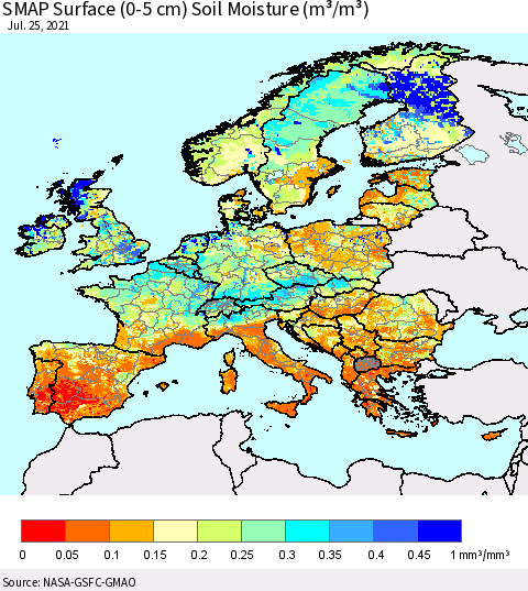 Europe SMAP Surface (0-5 cm) Soil Moisture (m³/m³) Thematic Map For 7/21/2021 - 7/25/2021