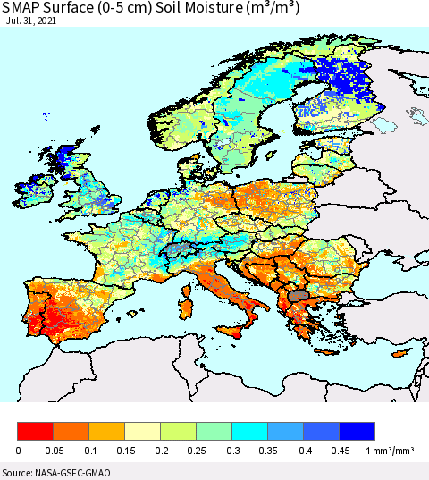 Europe SMAP Surface (0-5 cm) Soil Moisture (m³/m³) Thematic Map For 7/26/2021 - 7/31/2021