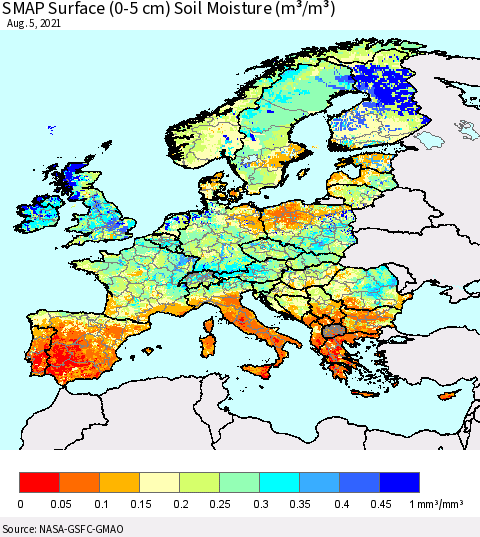 Europe SMAP Surface (0-5 cm) Soil Moisture (m³/m³) Thematic Map For 8/1/2021 - 8/5/2021