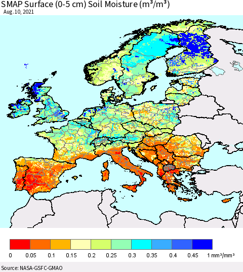 Europe SMAP Surface (0-5 cm) Soil Moisture (m³/m³) Thematic Map For 8/6/2021 - 8/10/2021