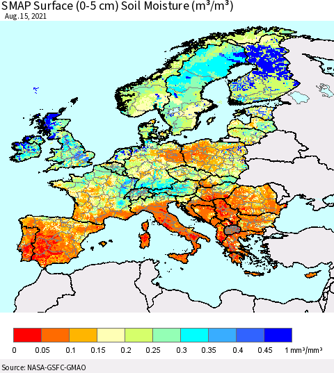 Europe SMAP Surface (0-5 cm) Soil Moisture (m³/m³) Thematic Map For 8/11/2021 - 8/15/2021