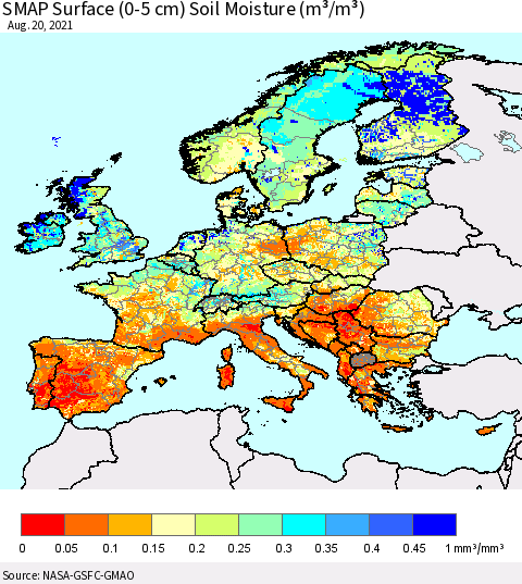 Europe SMAP Surface (0-5 cm) Soil Moisture (m³/m³) Thematic Map For 8/16/2021 - 8/20/2021