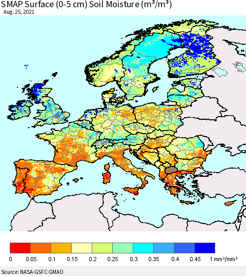 Europe SMAP Surface (0-5 cm) Soil Moisture (m³/m³) Thematic Map For 8/21/2021 - 8/25/2021