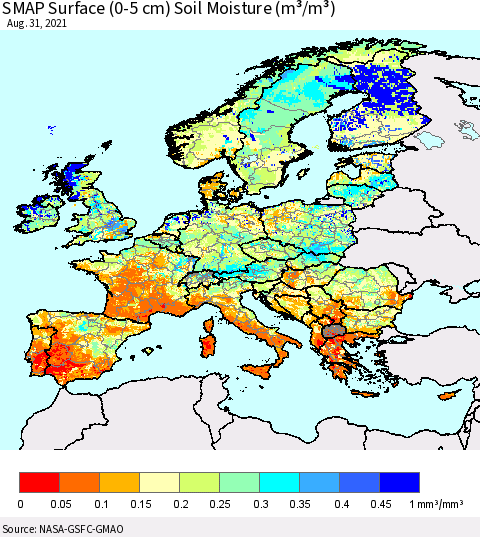 Europe SMAP Surface (0-5 cm) Soil Moisture (m³/m³) Thematic Map For 8/26/2021 - 8/31/2021