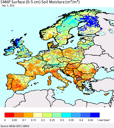 Europe SMAP Surface (0-5 cm) Soil Moisture (m³/m³) Thematic Map For 9/1/2021 - 9/5/2021