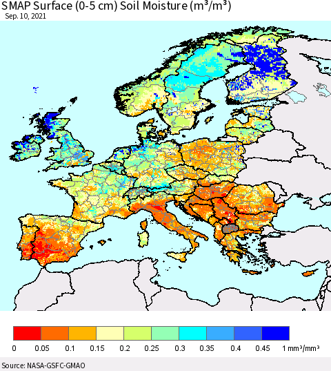 Europe SMAP Surface (0-5 cm) Soil Moisture (m³/m³) Thematic Map For 9/6/2021 - 9/10/2021