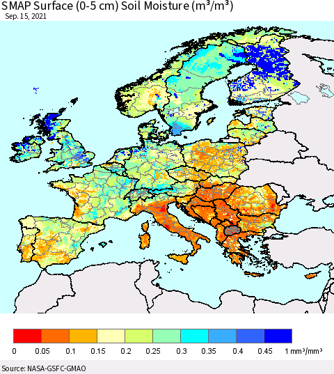 Europe SMAP Surface (0-5 cm) Soil Moisture (m³/m³) Thematic Map For 9/11/2021 - 9/15/2021