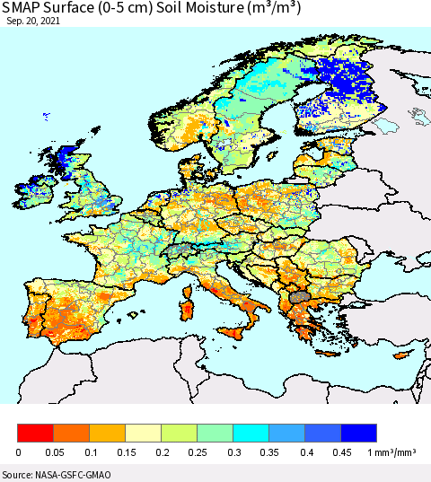 Europe SMAP Surface (0-5 cm) Soil Moisture (m³/m³) Thematic Map For 9/16/2021 - 9/20/2021
