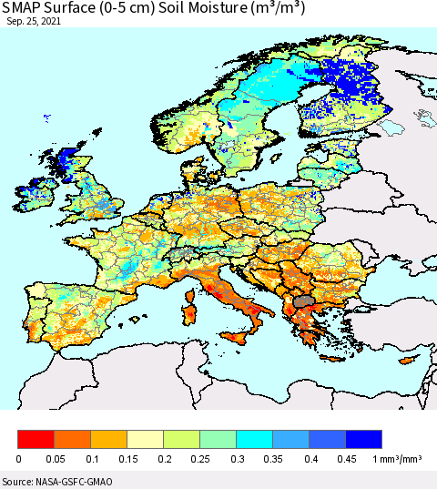 Europe SMAP Surface (0-5 cm) Soil Moisture (m³/m³) Thematic Map For 9/21/2021 - 9/25/2021