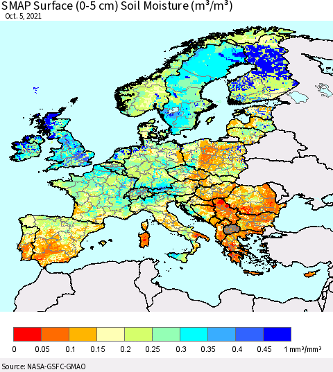 Europe SMAP Surface (0-5 cm) Soil Moisture (m³/m³) Thematic Map For 10/1/2021 - 10/5/2021
