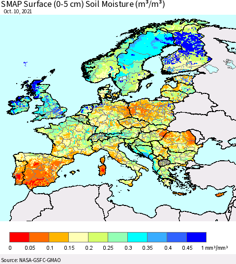 Europe SMAP Surface (0-5 cm) Soil Moisture (m³/m³) Thematic Map For 10/6/2021 - 10/10/2021