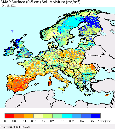 Europe SMAP Surface (0-5 cm) Soil Moisture (m³/m³) Thematic Map For 10/11/2021 - 10/15/2021