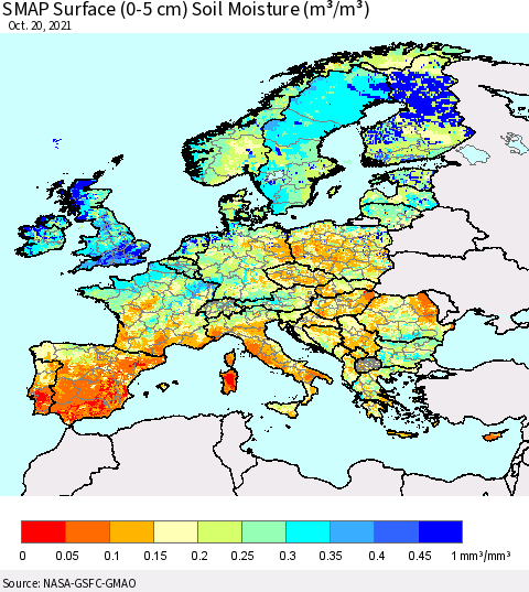 Europe SMAP Surface (0-5 cm) Soil Moisture (m³/m³) Thematic Map For 10/16/2021 - 10/20/2021