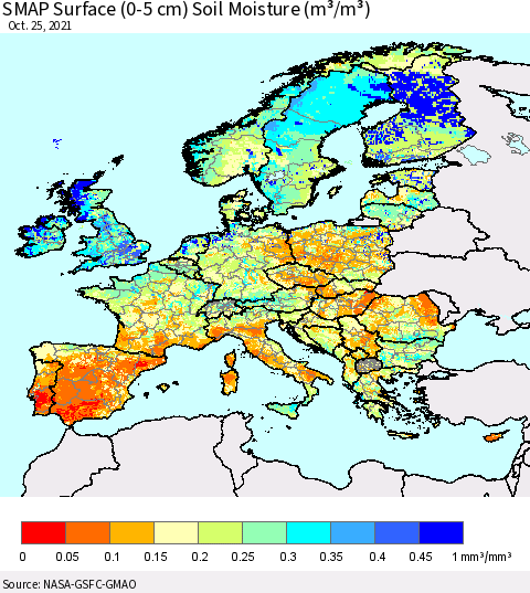 Europe SMAP Surface (0-5 cm) Soil Moisture (m³/m³) Thematic Map For 10/21/2021 - 10/25/2021