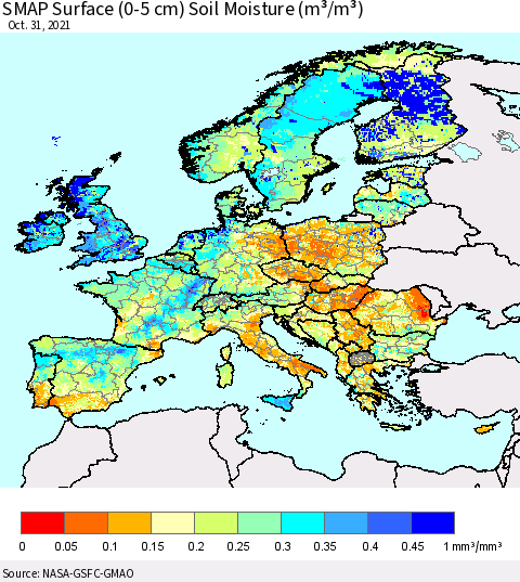 Europe SMAP Surface (0-5 cm) Soil Moisture (m³/m³) Thematic Map For 10/26/2021 - 10/31/2021