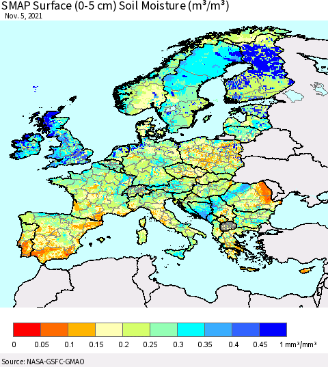 Europe SMAP Surface (0-5 cm) Soil Moisture (m³/m³) Thematic Map For 11/1/2021 - 11/5/2021