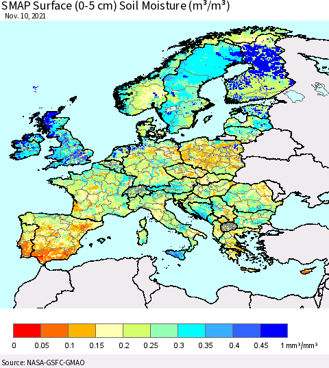 Europe SMAP Surface (0-5 cm) Soil Moisture (m³/m³) Thematic Map For 11/6/2021 - 11/10/2021