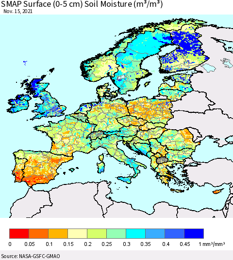 Europe SMAP Surface (0-5 cm) Soil Moisture (m³/m³) Thematic Map For 11/11/2021 - 11/15/2021