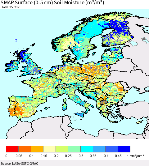 Europe SMAP Surface (0-5 cm) Soil Moisture (m³/m³) Thematic Map For 11/21/2021 - 11/25/2021