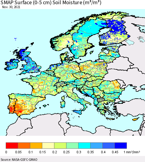 Europe SMAP Surface (0-5 cm) Soil Moisture (m³/m³) Thematic Map For 11/26/2021 - 11/30/2021