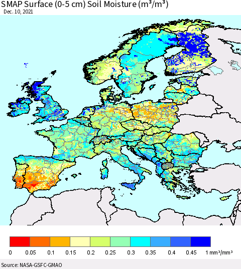 Europe SMAP Surface (0-5 cm) Soil Moisture (m³/m³) Thematic Map For 12/6/2021 - 12/10/2021