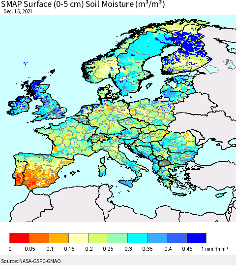 Europe SMAP Surface (0-5 cm) Soil Moisture (m³/m³) Thematic Map For 12/11/2021 - 12/15/2021