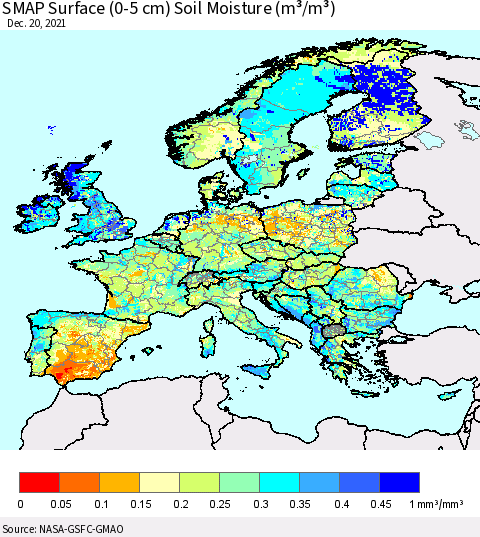 Europe SMAP Surface (0-5 cm) Soil Moisture (m³/m³) Thematic Map For 12/16/2021 - 12/20/2021