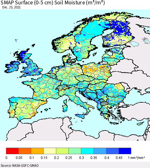 Europe SMAP Surface (0-5 cm) Soil Moisture (m³/m³) Thematic Map For 12/21/2021 - 12/25/2021