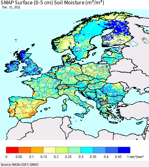 Europe SMAP Surface (0-5 cm) Soil Moisture (m³/m³) Thematic Map For 12/26/2021 - 12/31/2021