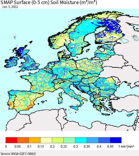 Europe SMAP Surface (0-5 cm) Soil Moisture (m³/m³) Thematic Map For 1/1/2022 - 1/5/2022