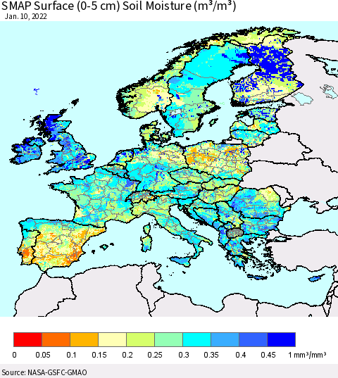 Europe SMAP Surface (0-5 cm) Soil Moisture (m³/m³) Thematic Map For 1/6/2022 - 1/10/2022
