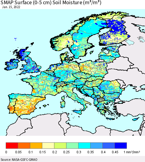 Europe SMAP Surface (0-5 cm) Soil Moisture (m³/m³) Thematic Map For 1/11/2022 - 1/15/2022