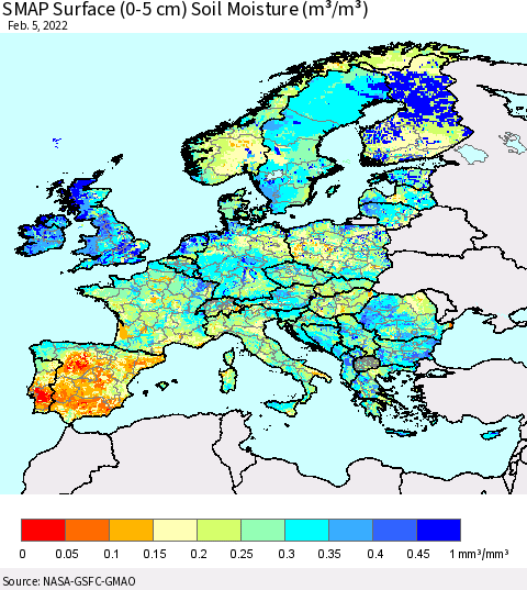 Europe SMAP Surface (0-5 cm) Soil Moisture (m³/m³) Thematic Map For 2/1/2022 - 2/5/2022